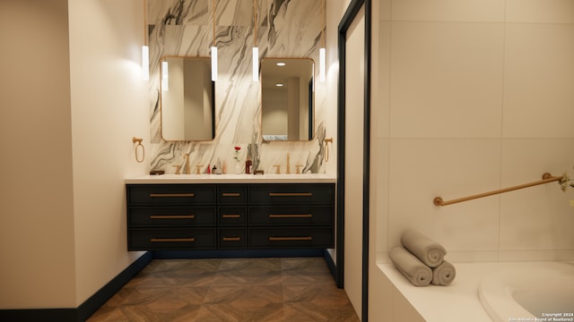 bathroom with parquet floors, vanity, and decorative backsplash