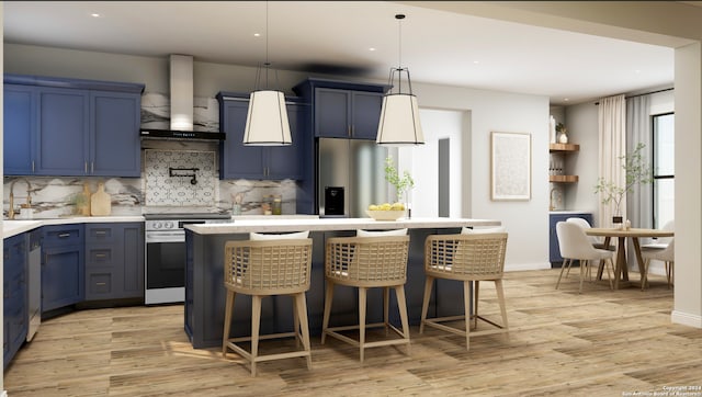 kitchen with blue cabinetry, a center island, stainless steel appliances, and range hood