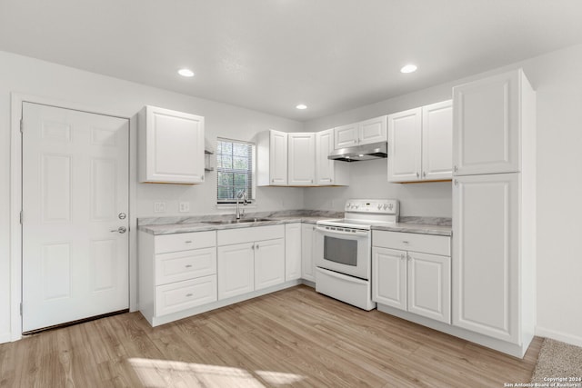 kitchen featuring white range with electric cooktop, light hardwood / wood-style floors, white cabinetry, and sink