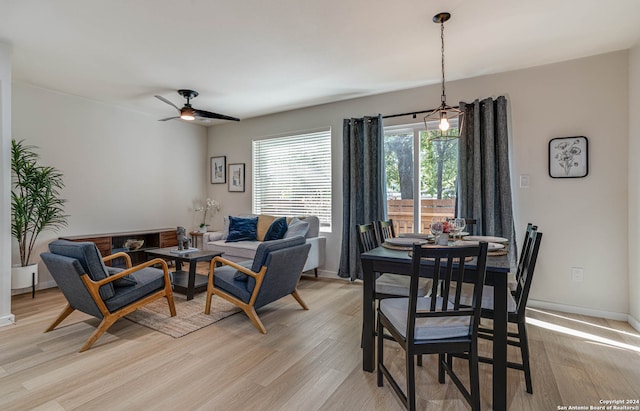 living room featuring light wood-type flooring and ceiling fan