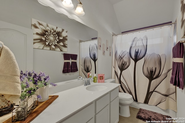 full bathroom with shower / bath combo, tile patterned flooring, lofted ceiling, toilet, and vanity