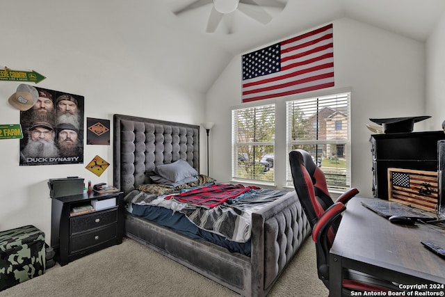 bedroom featuring carpet flooring, ceiling fan, and high vaulted ceiling