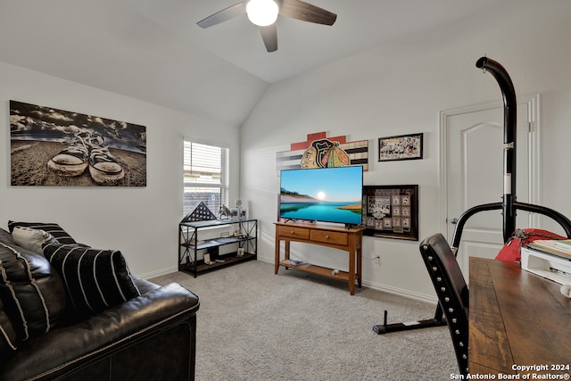 office area with carpet flooring, vaulted ceiling, and ceiling fan