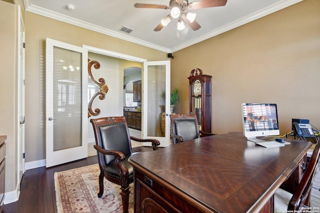 office space with ceiling fan, ornamental molding, dark wood-type flooring, and french doors