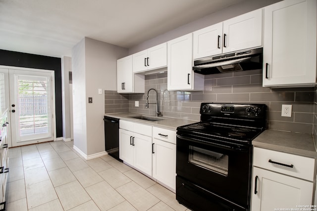 kitchen with backsplash, sink, white cabinets, and black appliances