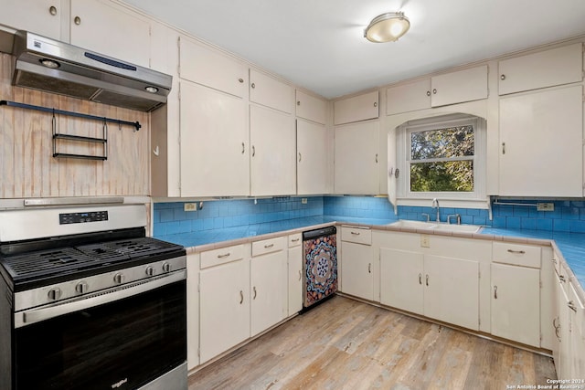 kitchen featuring stainless steel gas range oven, ventilation hood, sink, dishwasher, and light hardwood / wood-style floors