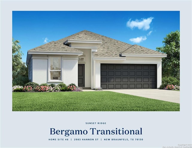 view of front of home featuring a front yard and a garage