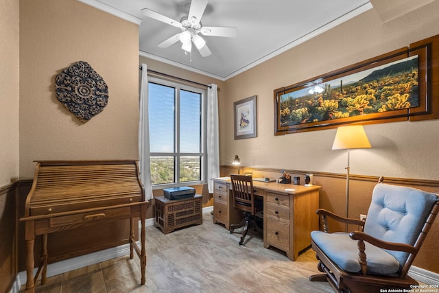 office area featuring crown molding and ceiling fan