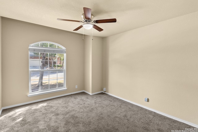 empty room with carpet flooring and ceiling fan