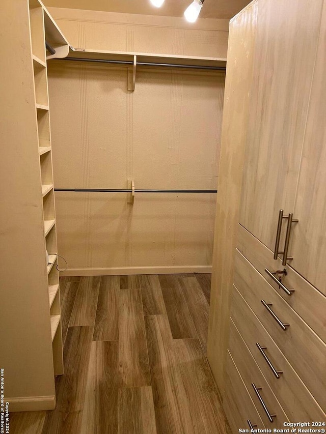 walk in closet with wood finished floors