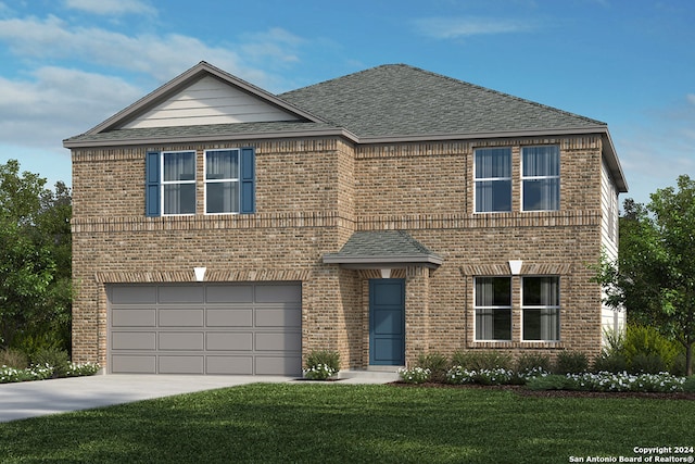 view of front of home with a garage and a front lawn