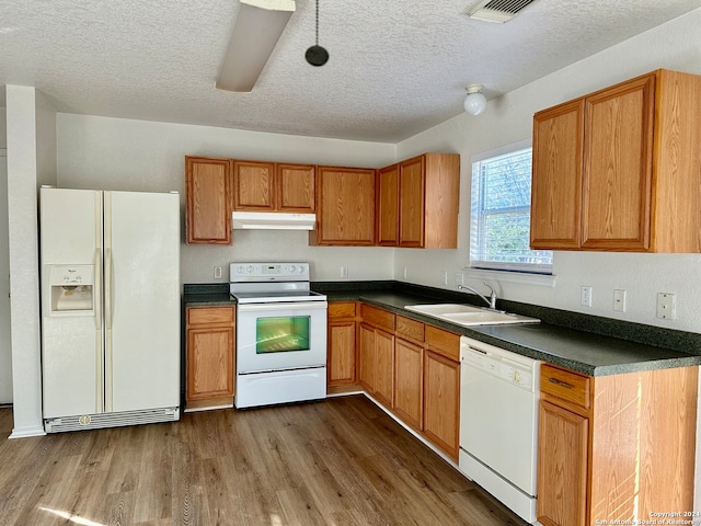 kitchen with a textured ceiling, white appliances, dark hardwood / wood-style floors, and sink