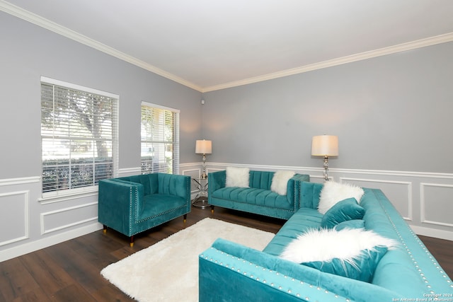 living room featuring crown molding and dark wood-type flooring