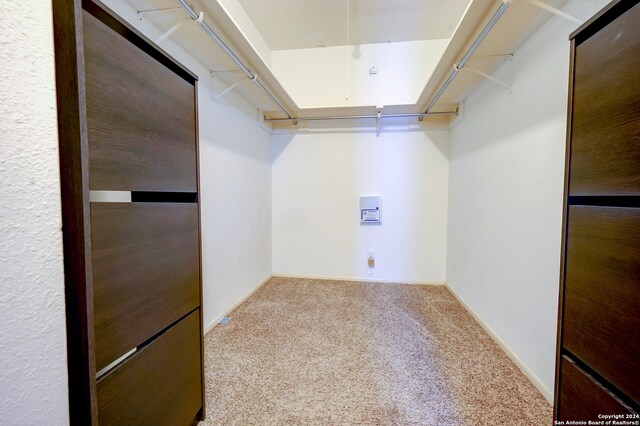 walk in closet with light colored carpet