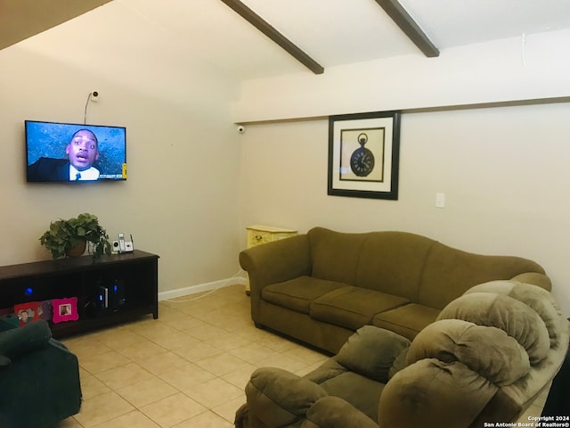 tiled living room with beam ceiling