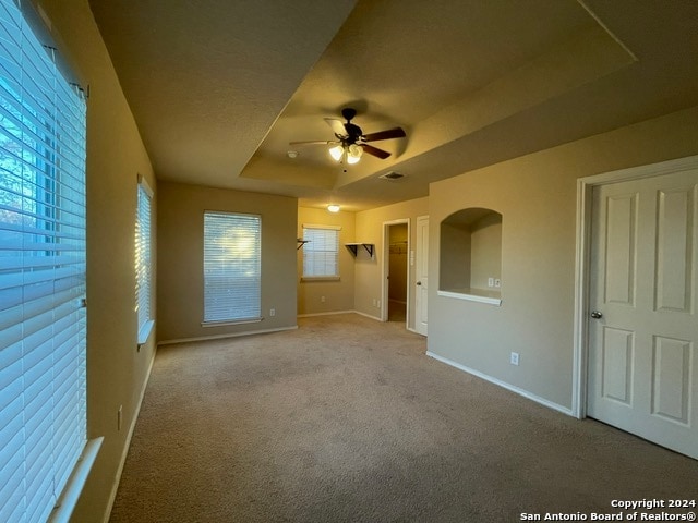 carpeted empty room with a raised ceiling, plenty of natural light, and ceiling fan