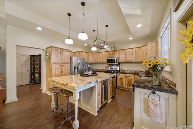 kitchen featuring a kitchen island, pendant lighting, dark hardwood / wood-style floors, and appliances with stainless steel finishes