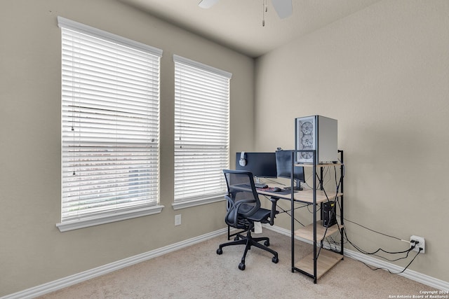 carpeted office space featuring ceiling fan