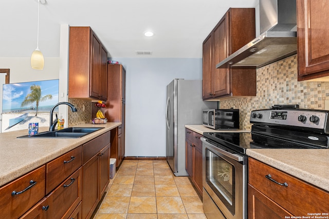 kitchen with sink, hanging light fixtures, wall chimney range hood, tasteful backsplash, and stainless steel range with electric cooktop