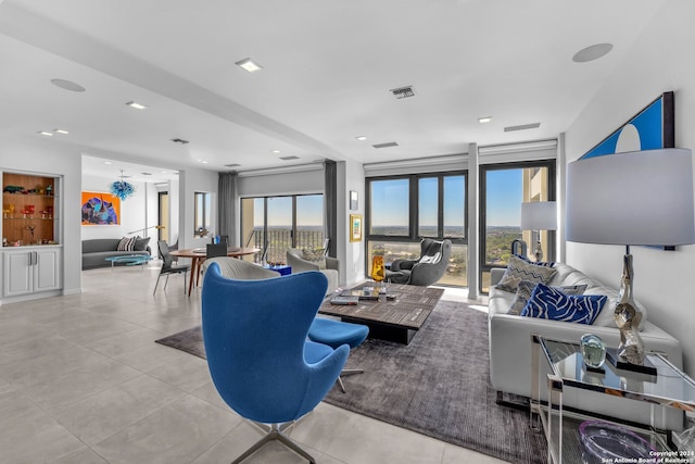 living room featuring light tile patterned floors