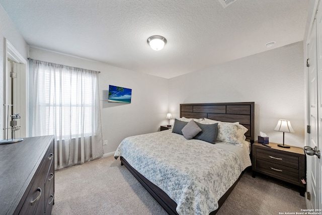 bedroom with carpet floors and a textured ceiling