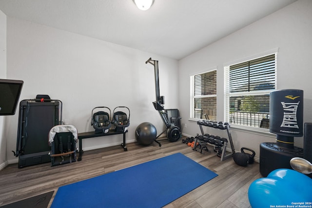 workout area featuring hardwood / wood-style floors and lofted ceiling