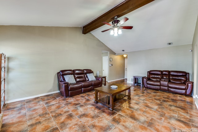 living room featuring lofted ceiling with beams and ceiling fan