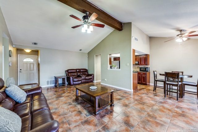 living room featuring beam ceiling, high vaulted ceiling, and ceiling fan