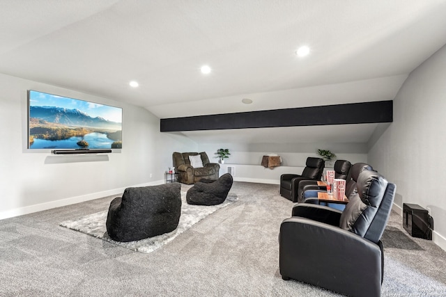 carpeted living room with lofted ceiling