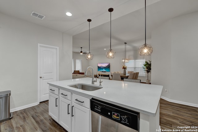 kitchen with dishwasher, a center island with sink, white cabinets, sink, and dark hardwood / wood-style floors