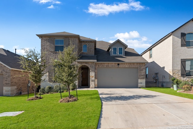 view of front of house with a garage and a front lawn