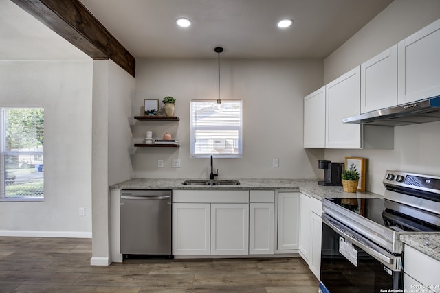 kitchen with pendant lighting, sink, dark hardwood / wood-style floors, white cabinetry, and stainless steel appliances