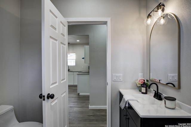 bathroom with hardwood / wood-style flooring, vanity, and toilet