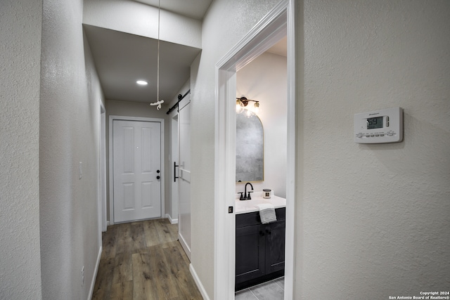 corridor with a barn door, hardwood / wood-style flooring, and sink