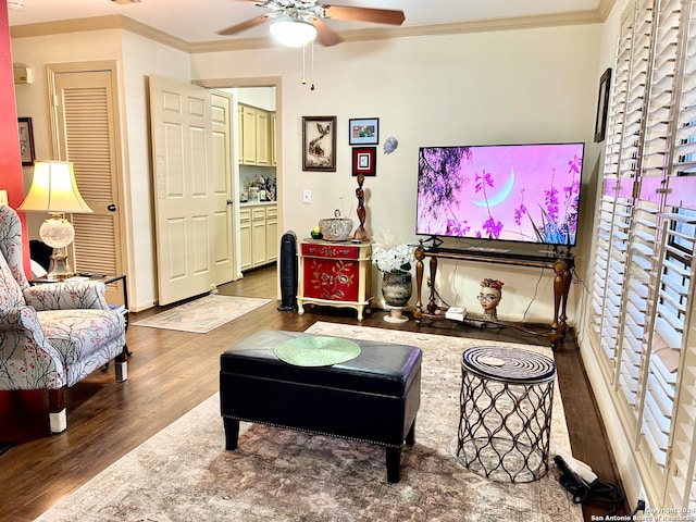 living room featuring dark hardwood / wood-style flooring, ceiling fan, and crown molding