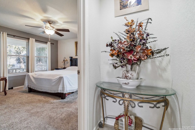 bedroom with ceiling fan and carpet