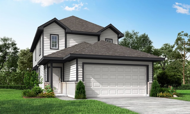 view of property featuring a front yard and a garage