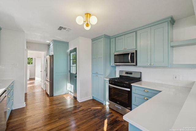 kitchen featuring backsplash, stainless steel appliances, dark hardwood / wood-style flooring, and a wealth of natural light