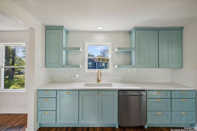 kitchen with stainless steel dishwasher, plenty of natural light, sink, and backsplash