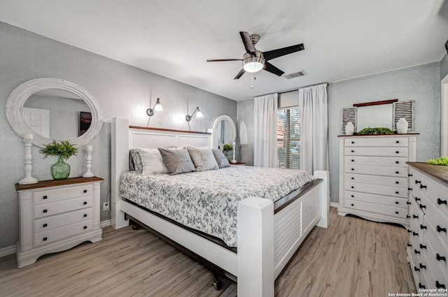 bedroom featuring ceiling fan and light hardwood / wood-style flooring