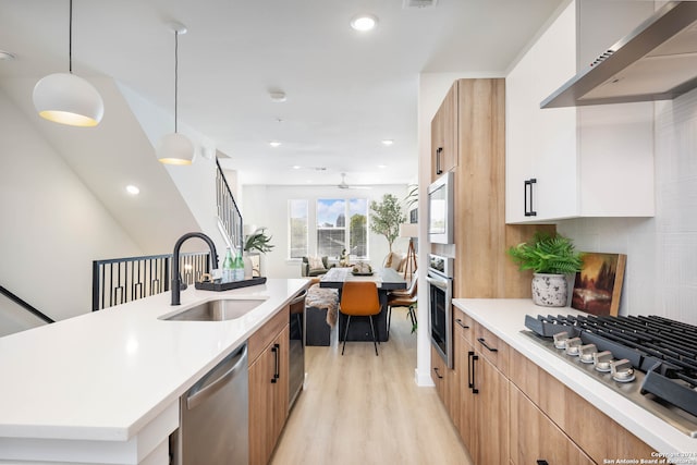 kitchen featuring sink, stainless steel appliances, light hardwood / wood-style flooring, pendant lighting, and exhaust hood