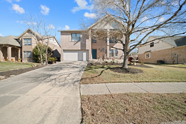 view of front property featuring central AC unit, a garage, and a front lawn