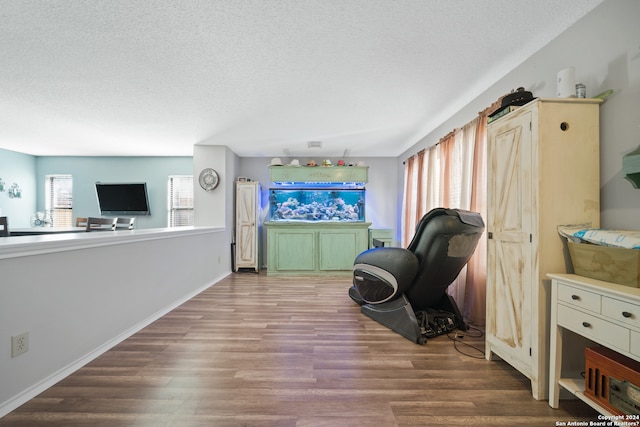 sitting room featuring a textured ceiling and hardwood / wood-style flooring