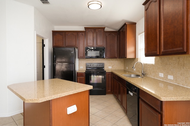 kitchen with decorative backsplash, sink, black appliances, light tile patterned floors, and a center island