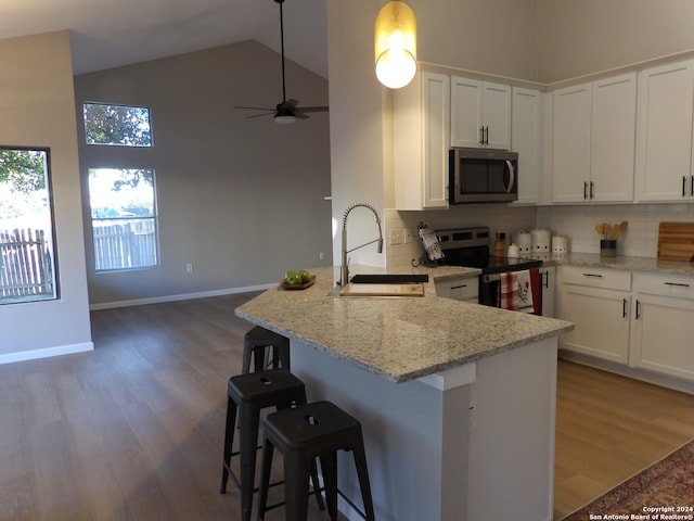 kitchen featuring white cabinetry, sink, high vaulted ceiling, and appliances with stainless steel finishes