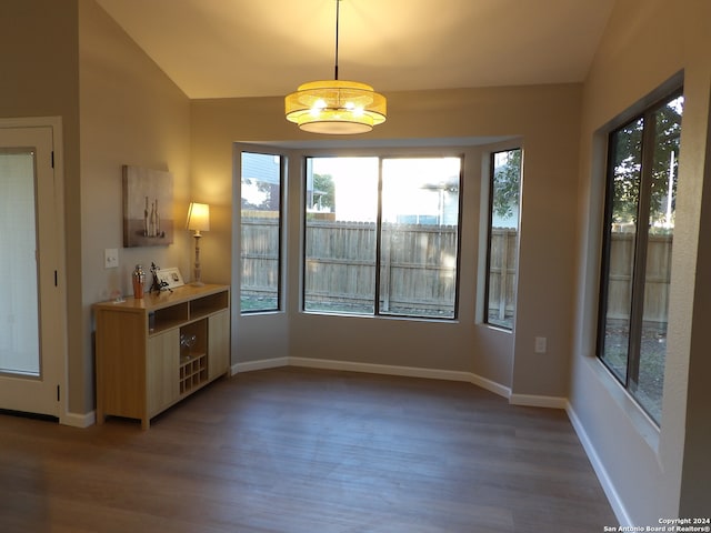 unfurnished dining area with dark hardwood / wood-style floors and lofted ceiling