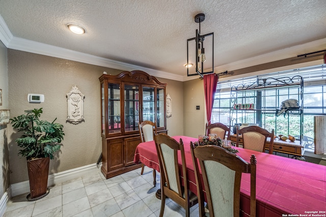 dining space featuring a textured ceiling, crown molding, and light tile patterned flooring