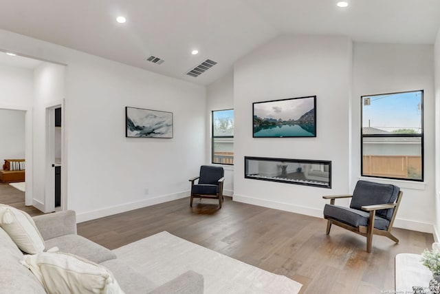 living room with hardwood / wood-style flooring and high vaulted ceiling