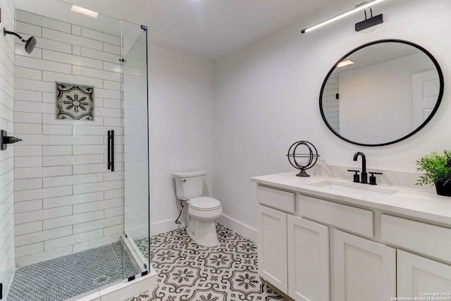 bathroom with walk in shower, tile patterned flooring, vanity, and toilet