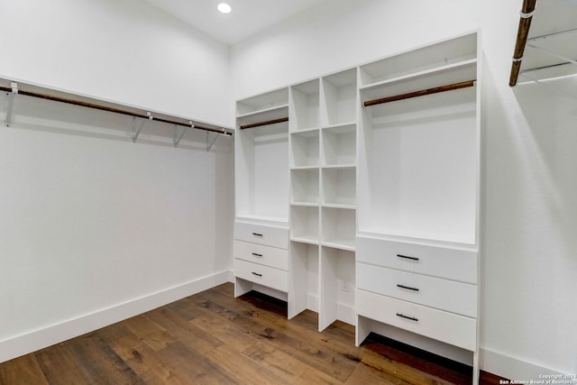 walk in closet with dark wood-type flooring